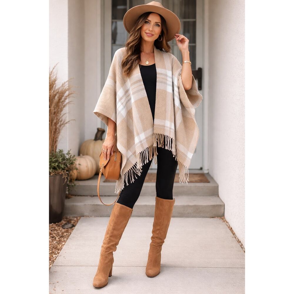Charter Club NWT Plaid Poncho Camel One Size Fringe Detail Acrylic Southwestern